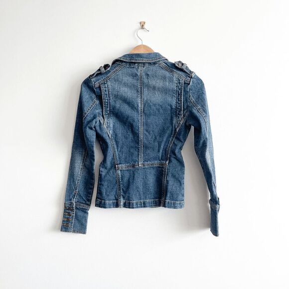 Moto Womens Denim Blazer Jacket Long Sleeve Button Front Blue Wash Small - Picture 2 of 7